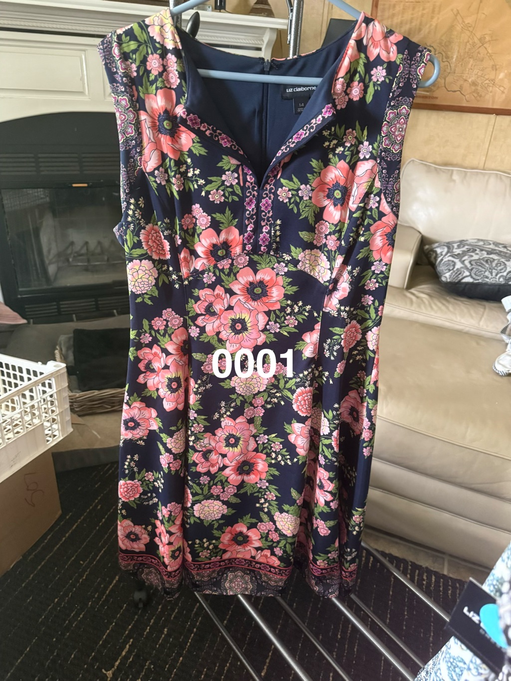 Liz Claiborne Navy Floral Midi Dress With Pink Flowers 0001